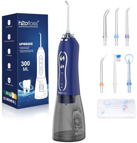 H2ofloss Púa de hilo dental de agua para dientes: 5 modos, inalámbrico, portátil, 300 ml, limpiador de dientes de agua IPX7, impermeable, púas de limpieza para el hogar, viajes, azul oscuro