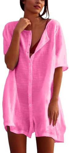Robe de Plage Femme Ete Chemise Plage Femme Col Rond Coton Et Lin Chemise Sortie de Bain Maillots et Sarongs Bikini Cover Up Casual Élégante Robe de Maillot Beachwear Blouse 2025 (L)