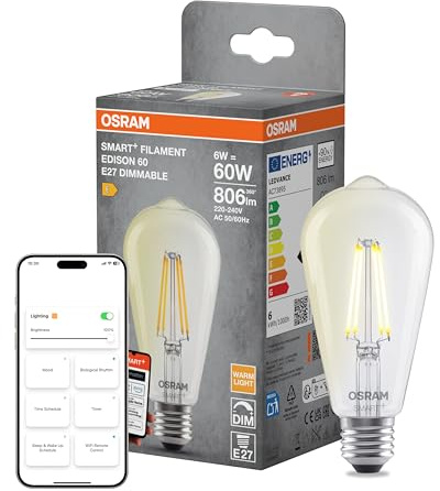 Osram SMART+ LED-Lampe Edison, E27 Kolbenform, Filament-Optik, warmweiß 2700 K, dimmbar, App-Steuerung, kompatibel mit Alexa und Google