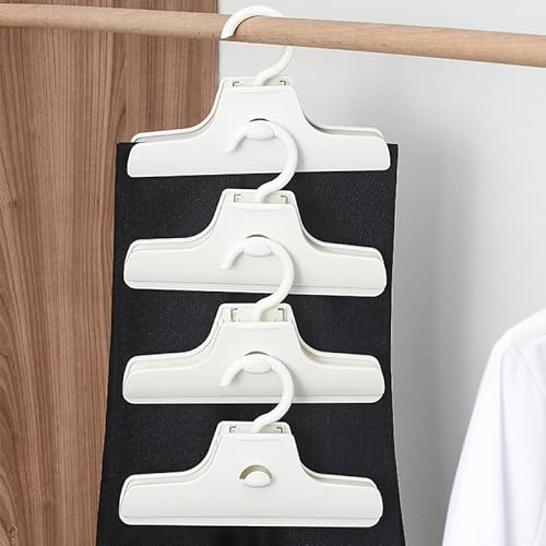 Perchas para pantalones con clips que ahorran espacio, 4 perchas blancas para pantalones hechas de plástico ABS, se pueden colgar entre sí, rotación de 360°, clips de silicona extralargos que no dejan