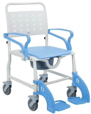 Soaids 4-in-1 Shower Commode Chair with Wheels for Elderly & Disabled Adults, Padded Rolling Toilet Chair, Bedside Commode, Transport Wheelchair with Locking Caster for Bathroom, Home Care (Sky Blue)