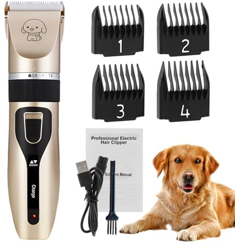 Dog Grooming Clippers, Cordless Electric Pet Shaver Hair Trimmer with 4 Guard Combs, USB Rechargeable Low Noise Cat Dog Clippers for Dogs Cats Pets Grooming Tool