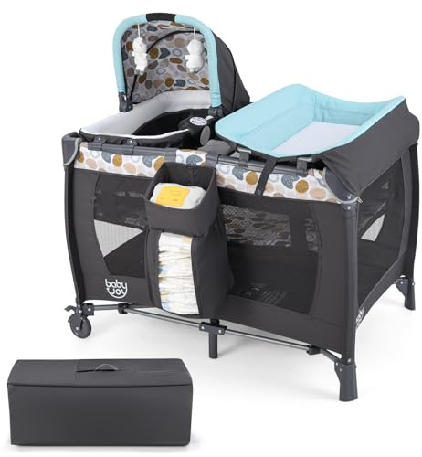 COSTWAY Cuna de Viaje Bebe con Colchón, 5 en 1 Centro de Actividades para Bebés con Cuna Mecedora y Cambiador, Barra de Juguetes, Caja de Música y Bolsa de Transporte, Ruedas Móviles (Azul)