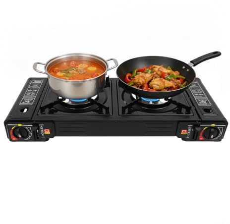 MEHOOSPVN Campinggasspis med 2 lampor, 2 x 2,5 kW, campingkök, set, bärbar grill, gaskokare, gaskokare, aluminium, gasspis med grillplatta, förvaringsväska, piezotändning för utomhusbruk, inomhus