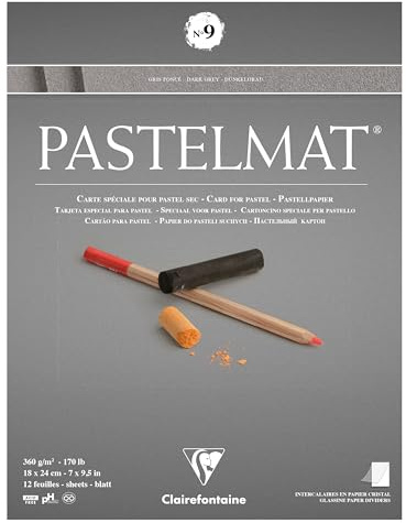 Clairefontaine 96213C Bloc Collé Pastelmat n°9-12 Feuilles Carte Spéciale pour Pastels Secs - 18x24 cm 360g - Gris Foncé - Intercalaires en Papier Cristal