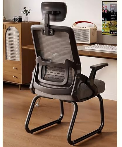 Ergonomisk kontorsstol i mesh Med slädeunderrede Besöksstol for kontor Med ryggstöd Lämplig for konferensrum, sovrum, väntrum och receptioner(Gray+black frame+headrest)