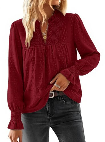 heekpek Chemisier Femme Chic Boheme Manche Longue Col en V | Blouse Chic et Élégante, Haut Femme Dentelle Printemps Automne, Chemise Léger, Tunique Top Décontractées, Poignets à Volants