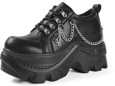 Pixviana Women's Chunky Wedge Platform Trainers Comfortable Y2K Emo Black Fashion Shoes with Chains, Bridal Casual Shoes Size 3UK-8UK