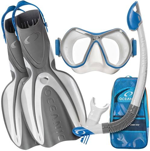 Oceanic Snorkel Set for Adults – Snorkeling Gear for Adults, Panoramic Wide View, Tempered Glass Scuba Diving Mask, Snorkel, Fins & Mesh Gear Bag