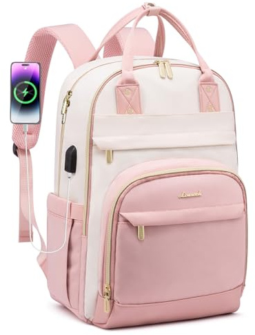 LOVEVOOK Laptop Backpack Women 15.6 inch Waterproof Rucksack Bag for Ladies | with Anti-theft Zipper & USB Port, Smart Laptop Bags College Backpack Womans for Work Uni Travel Teacher Student Pink