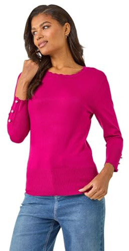 Roman Diamante Button Scallop Edge Jumper for Women UK Ladies Autumn Everyday Winter Holiday Round Neckline Comfy Long Sleeve Soft Slim Fit Knitted Sweater Warm Tops - Fuchsia - Size 18