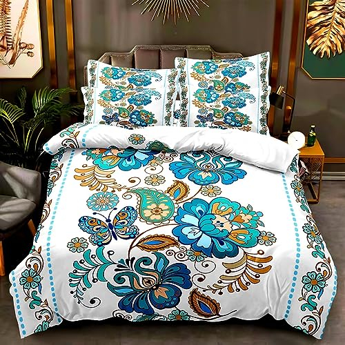 Menkala Paisley Bettwäsche 135x200 4 Teilig Mandala Blau Schmetterling Blumen Mädchen Bettbezug Bohemian Design Mikrofaser Boho Vintage Wendebettwäsche mit Reißverschluss & 2 Kissenbezug 80x80