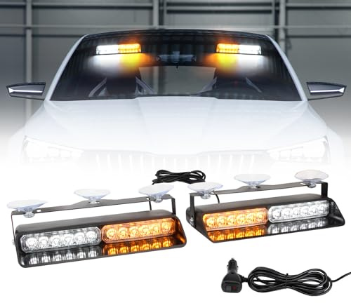 I LITTON 2-IN-1 Amber & White LED Windshield Strobe Lights, 2 x 8.4 Inch Ca Interior Light, 26 Modes 12/24V Emergency Traffic Advisor Front/Rear Car Window Dash Strobe Lights for Trucks Vehicles