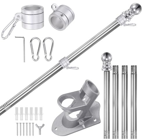 sourcing map Flag Pole Kit, 5FT Stainless Steel Flagpole Kit with 360°Anti-wrap Rotating Ring for House Porch Outdoor Boat, RV, Truck