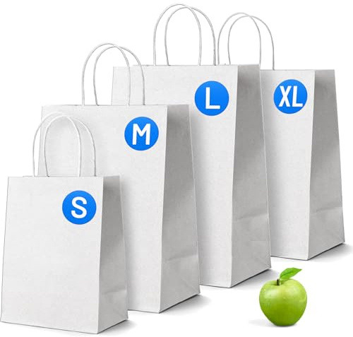 PWgoods White Paper Bags with Handles - 25 Pack, Medium 11.5 x 9.5 x 4.5, Twisted Handle Carrier Bag, Retail Lunch Party Gift