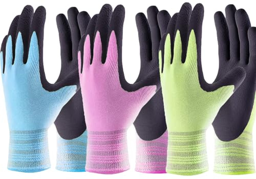 Toptekhans 3 Pairs Gardening Gloves for Women and Men, Recycled Polyester Garden Gloves with Latex Coated Comfortable Breathable Work Gloves (M)