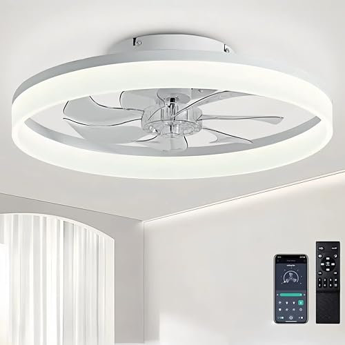 DWDVBL 50CM Modern Ceiling Fans with Lights Reversible Fans with Remote Smart Lighting Timing 6 Speeds Low Profile Ceiling Fan with Light Dimmable LED Fan Light Flush Mount for Bedroom