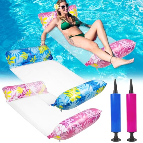 Inflatable Pool Floats 2 Pack Swimming Pool Float 4 in 1 Water Hammock Saddle Lounge Inflatables Pool Chair Toy with Manual Pump Water Floats for Adults Mattresses Seat Floating Mattress
