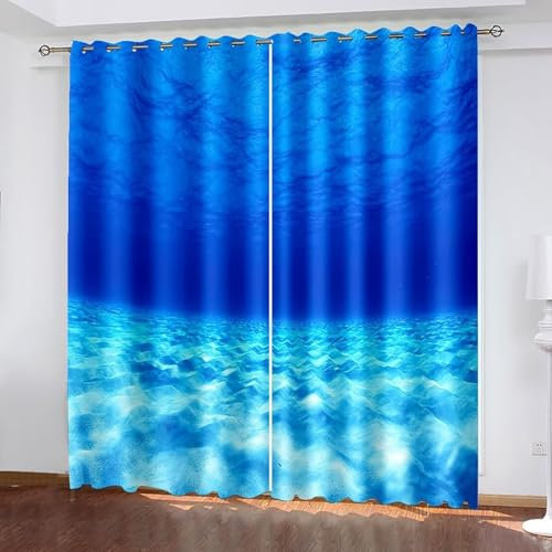 AMDXD Wohnzimmer Vorhang Fenster Blau, Unterwasser Gardinen Verdunkelungsvorhang, Thermovorhänge Kälteschutz Schallschutz 2er Set 214x244cm