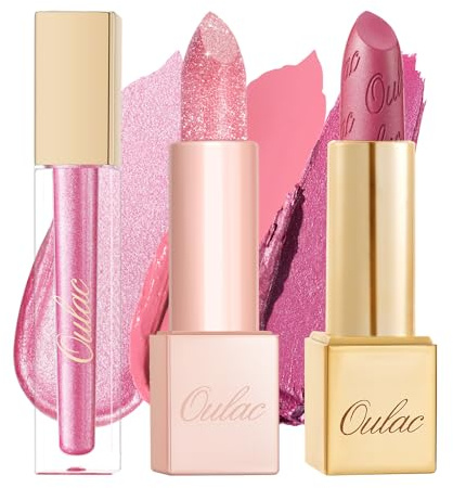 OULAC Pink Metallic Lip Gloss Kit – Shimmer & High Pigment, Long Lasting Moisture Lip Gloss Set, Creamy Texture & Hydrating with Shea Butter, Vegan & Clean Beauty Formula MD08+PG10+MSD11(3pcs)