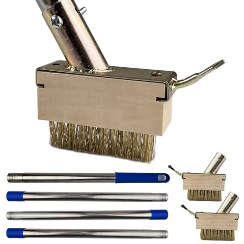 VELLUSTRA Brosse à Mauvaises Herbes avec Manche Télescopique(170cm), Outil de Désherbage avec Brosse Métallique et Grattoir à Lame, Enlever la Mousse des Paver Les Blocs, Allées (2 Têtes de Brosse)
