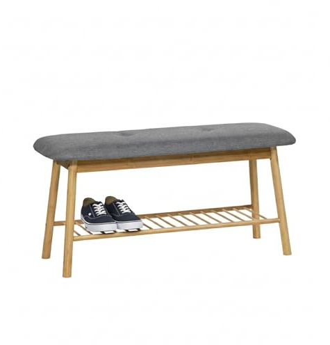 BRINDEK Banco Zapatero de bambú | Asiento Acolchado Gris | Descalzadora Entrada 89x31x45 cm | Mueble recibidor con Estante para Zapatos | Diseño escandinavo Resistente a la Humedad | Montaje fácil