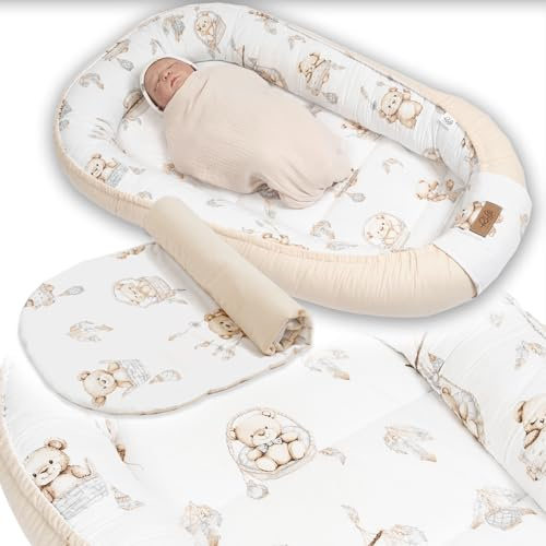 PaLulli Nid pour bébé extra large 100 x 60 cm - Avec insert amovible en coton - Nid douillet réversible pour bébé - Fabriqué à la main, respirant et sûr (ours beige)