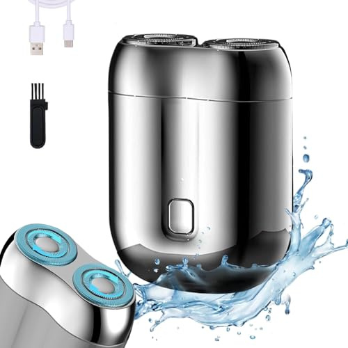 Rasierer Herren Elektrisch, IPX7 Wasserdicht Mini Elektrischer Rasierer Herren, Elektrorasierer Herren 2 in 1 Kabellos Rotationsrasierer für Gesicht Nass und Trockenrasierer (Silber)