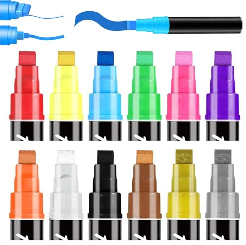 KINDLUME 12 Pezzi Pennarelli Acrilici, Colori Acrilici Pennarelli, Pennarelli per Sassi, Brush Pen, Pennarelli Con Punta a Pennello Jumbo 10 mm, per Dipingere Sassi, Tessuti, Fai Da Te