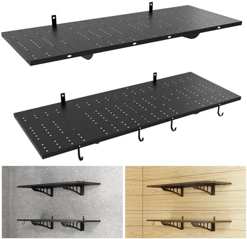 Gsskny 2-Pack 1.5 * 4ft Heavy Duty Garage Wall Shelving, 500 lbs Load Capacity, Garage Shelving Wall Mounted,Heavy Duty Garage Storage Shelves with Hooks