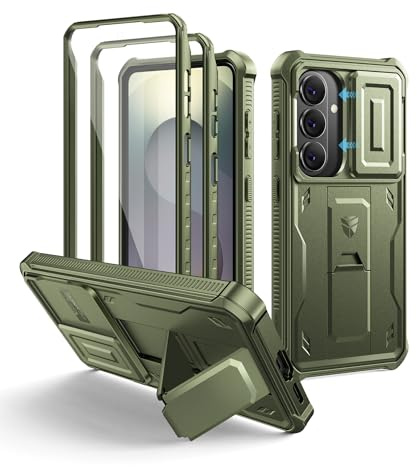 Dexnor pour Coque Samsung Galaxy S26【Double Cadre Avant et Support】 avec CaméRa Coulissante Intégrée & Protecteur d'écran, Coque de Protection Robuste Résistante Aux Chocs - Vert Militaire