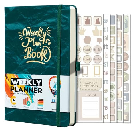 Weekly Planner Notebook, A5 To Do List Notebook with 5 Stickers, for Daily Life Work School, 21.2 * 14.8cm (Green)