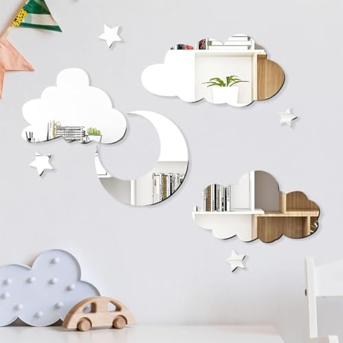 NOPVUFA 8 Pezzi Adesivi Murali Nuvole Luna Stelle 3D Argento Acrilico Specchio Adesivi Murali, Adesivo da Parete per Camera Soggiorno Fai da Te Decorazione Accessori Accoglienti per La Casa