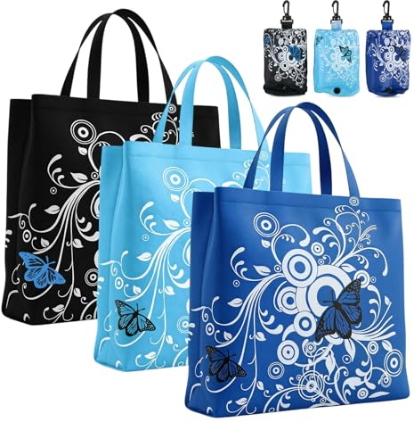 Merzio 3 Pcs Foldable Shopping Bags Reusable Grocery Tote Bags | With Pouch Large Capacity Beach Bag Floral Pattern Blue Black Light Blue