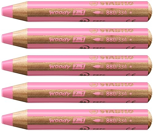 STABILO - Buntstift, Wasserfarbe & Wachsmalkreide - woody 3 in 1-5er Pack - pink