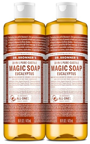 Dr. Bronner's Magic Soap - Pure-Castile Liquid Soap (Eucalyptus, 16 ounce, 2-Pack) -Regenerative Organic Certified Oils, 18-in-1 Uses: Body, Hair, Laundry, Pets & Dishes, Concentrated, Vegan, Non-GMO