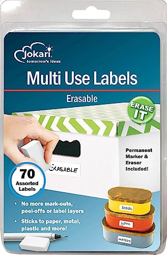 Jokari 47802 - Label Once Erasable Multi-Use Labels Starter Kit with 70 labels, Eraser and Pen
