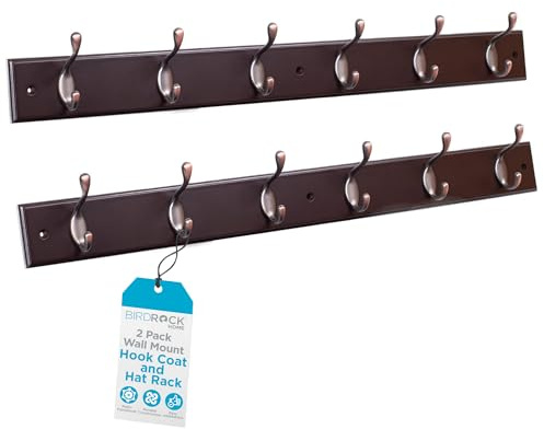 BIRDROCK HOME Hook Coat and Hat Rack - 6 Dual Hanging Coat Hooks for Wall Mount - Decorative Storage for Entryway Foyer Hallway Bathroom & Bedroom - 27, Dark Brown w/Oil Rubbed Bronze Hooks - 2 Pack