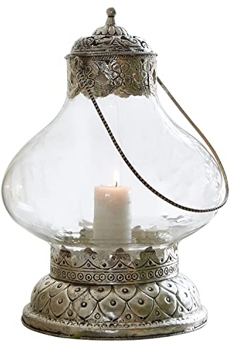 Loberon Laterne Kaela, orientalischer Stil, kunstvoll verziert, Langer eiserner Henkel, für Stumpenkerzen, Outdoor Lampe, Glas, Eisen, klar/antiksilber