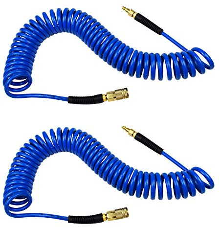 YOTOO 2 Pack Polyurethane Recoil Air Hose, Air Compressor Hose 1/4 Inner Diameter by 25' Long with Bend Restrictor, 1/4 Industrial Quick Coupler and Plug, Blue