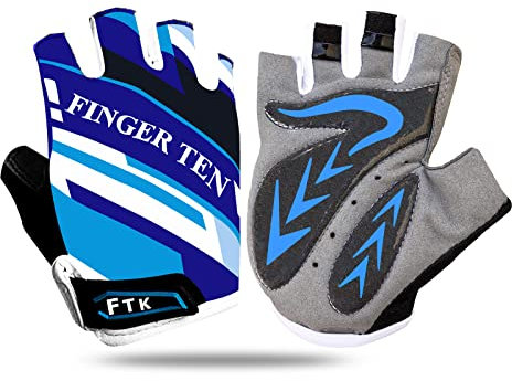 FINGER TEN Gants Velo Enfant Cyclisme Junior Running VTT Moto Demi-Doigt poignée Paire de Valeur, Gant Gel Résistant à l'abrasion Antideparant Mitaines Taille Petit Vert Rose Bleu (Bleu, L)