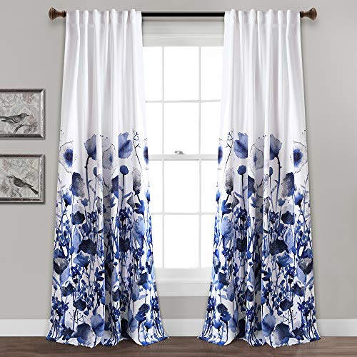 Lush Decor Zuri Flora Curtains Room Darkening Window Panel Set for Living, Dining, Bedroom (Pair), Navy, Polyester, 52 W x 95 L