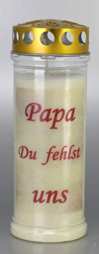 Grabkerze, Papa Du fehlst uns, (21x7,5 cm) Grablicht mit 7 Tage Brenndauer (3878), Wetterfestes Trauerlicht mit Deckel, Hochwertige Trauerkerze, Edle Gedenkkerze aus Deutschland