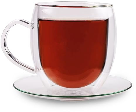 Feelino® Doppelwandige Teegläser (1x350ml) + 2x weißer Tee, 2x grüner Tee, 2x schwarzer Tee, Teeblumen Geschenkset |Teegeschenk: Doppelwandige Gläser + Erblühtee, Thermogläser doppelwandig inkl. Tee