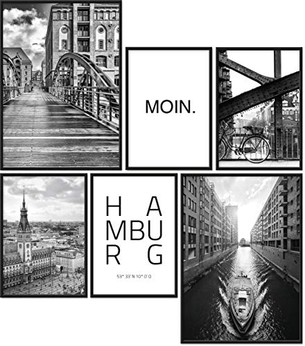 Papierschmiede® Mood Poster Set Hamburg, Bilder Wohnzimmer Deko Schlafzimmer, 2x DIN A4 und 4x DIN A5, Hafen Hauptstadt des Nordens schwarz-weiß - ohne Rahmen