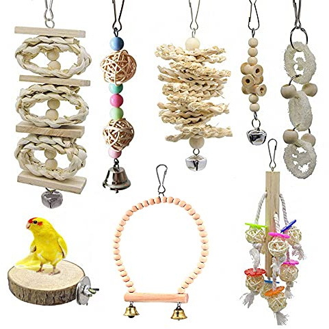 Tiardey - 8 Paquetes de Juegos de Aves,Columpios para pájaros,Columpios,jaulas para pájaros,Campana Colgante de Madera,Jaula para pájaros para Loros,periquitos,cacatúas,cotorras,guacamayos,pinzones