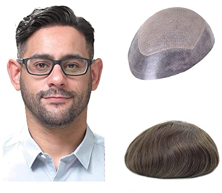 Lordhair Toupet Sans Noeuds pour Hommes, Système de Cheveux Humains Injectés à Plat de Peau, Taille de Base 8 x 10 pouces de Densité Moyenne Légère Postiche pour Hommes