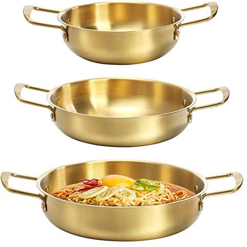 Okllen Set di 3 pentole coreane per ramen con manici, in acciaio inox, per tutti i giorni, pentola coreana dorata per zuppe, tagliatelle, pasta, casa e all'aperto, lavabile in lavastoviglie,