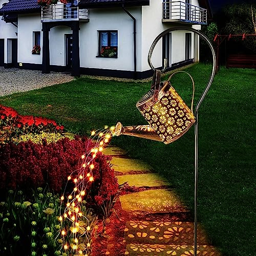 Watering Can Solar Lights Outdoor Garden, Solar Watering Can with Cascading Lights,Hanging Waterproof Garden Light Metal with Bracket Light Decoration for Pathway, Patio, Lawn, Fence, Yard