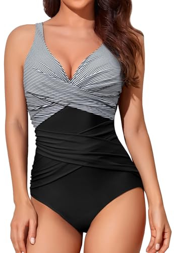 Smismivo Tummy Control Swimsuits for Women Slimming One Piece Bathing Suit Modest Padded Ruched Push Up Long Torso Curvy V Neck Cute Criss Cross Swimming Full Coverage Swimwear (Black White Stripe)